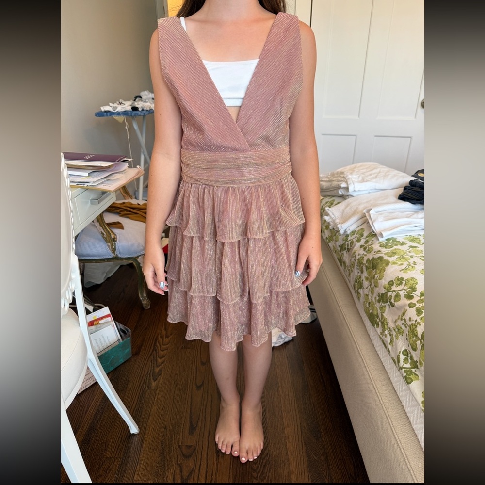 Altar'd State Dusty Pink Lurex Tiered Ruffled Sleeveless Dress